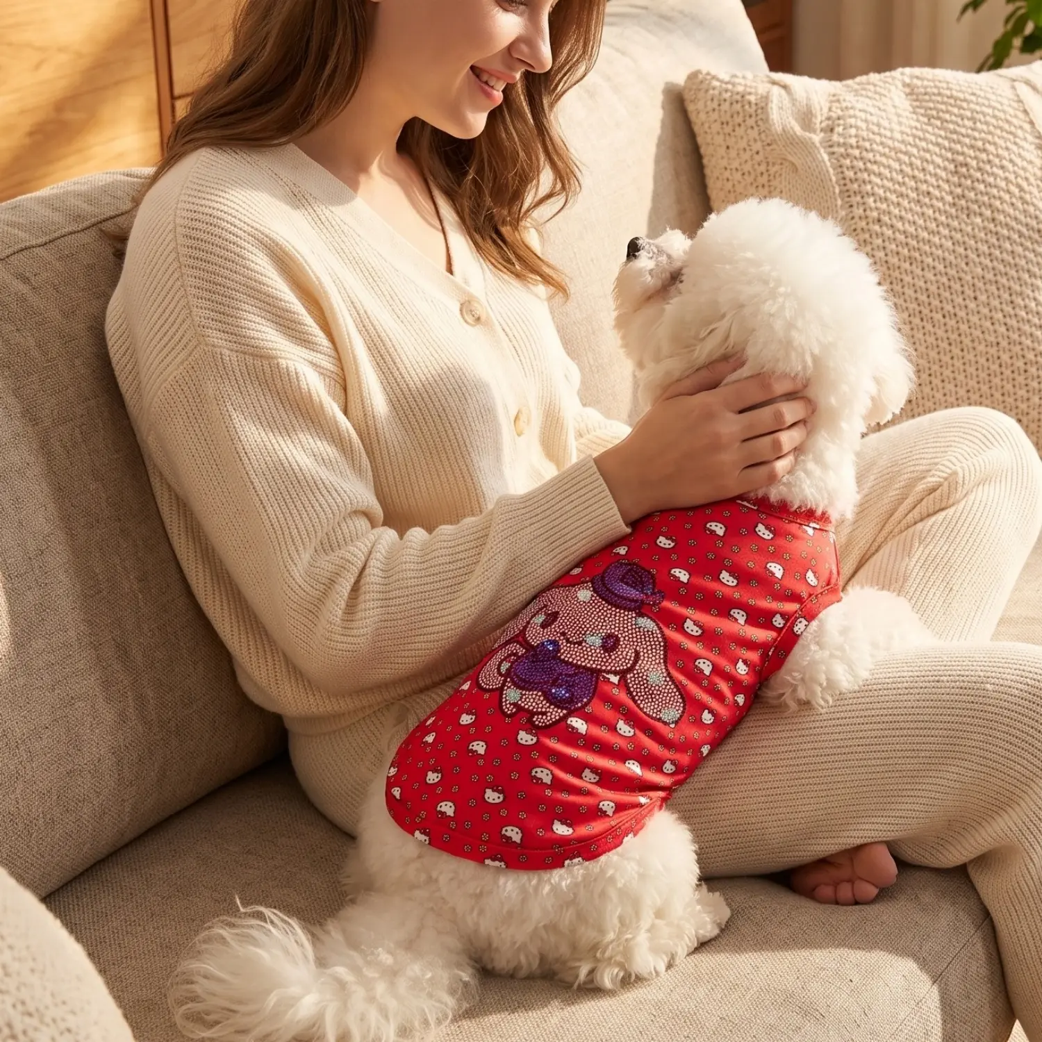 Sanrio Hello Kitty Print Sleeveless Pet Tank Top with Rhinestone My Melody Design, Cute Kawaii Red Summer Dog Cat Vest for Small Medium Dogs Cats, Sweet Pet Apparel for Sanrio Fans