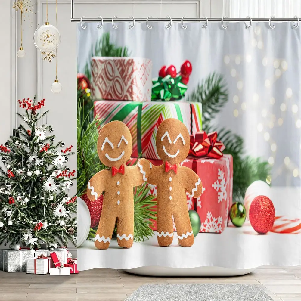 1Pcs Christmas Gingerbread Man Shower Curtain, Waterproof Cloth Fabric Bathtub Privacy Curtain, Cute Holiday Bathroom Decor Set for Winter Festive Home Party Decorations with 12 Hooks