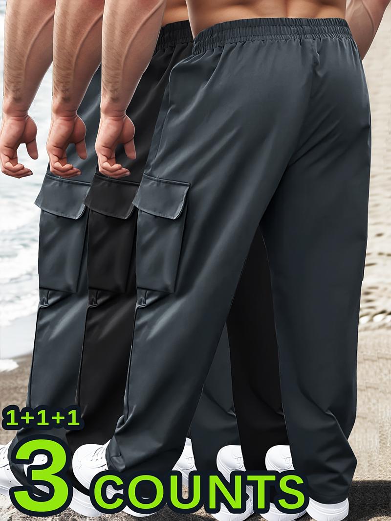 3pcs Men'S Casual Sports Cargo Pants - Drawstring Waist, Men's Sweatpants, Print Zip Pockets, Multiple Pockets, Lightweight for Spring & Summer, Ideal for Outdoor Running & Training, Casual Wear Pants | Cargo Style Pants | Lightweight Fabric
