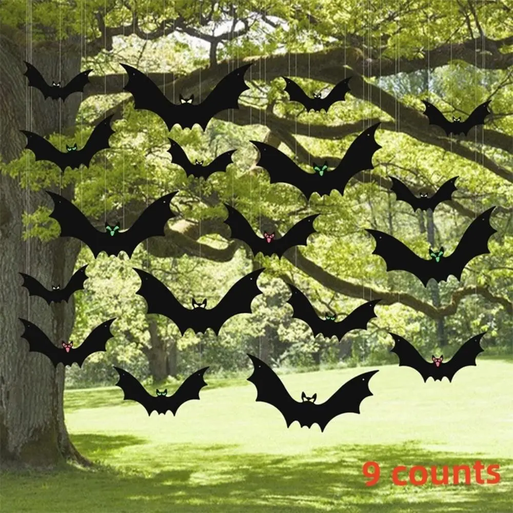 9 Piece Halloween Hanging Bat Decorations Outdoor, Plastic Flying Bats with Glowing Eyes, Front Door Yard Tree Halloween Hangings Fall Decor