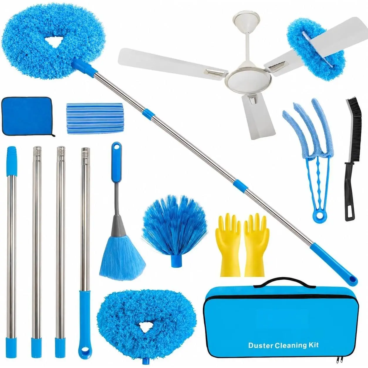 Ceiling Fan Cleaner Duster Kit 72 Inch Ceiling Fan Duster Extension Pole 8-in-1 Microfiber Duster Set for High Ceilings, Fan , and Lights  Cleaning Tools with Storage Bag