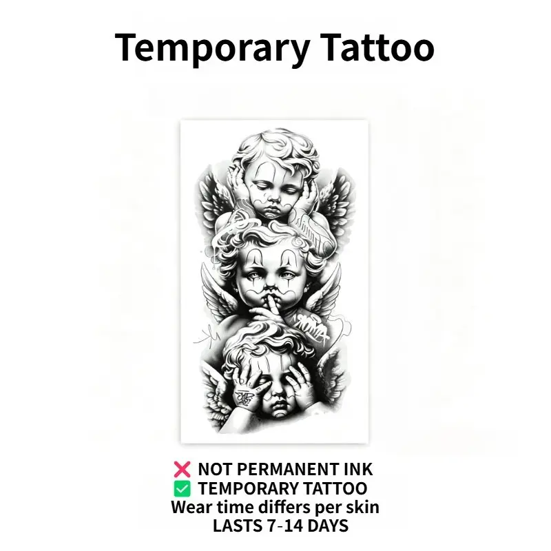 Chicano Three Cherubs Temporary Tattoo Sticker, See No Hear No Speak No Evil Angel Fake Tattoo, Realistic Black Grey Arm Sleeve Body Art