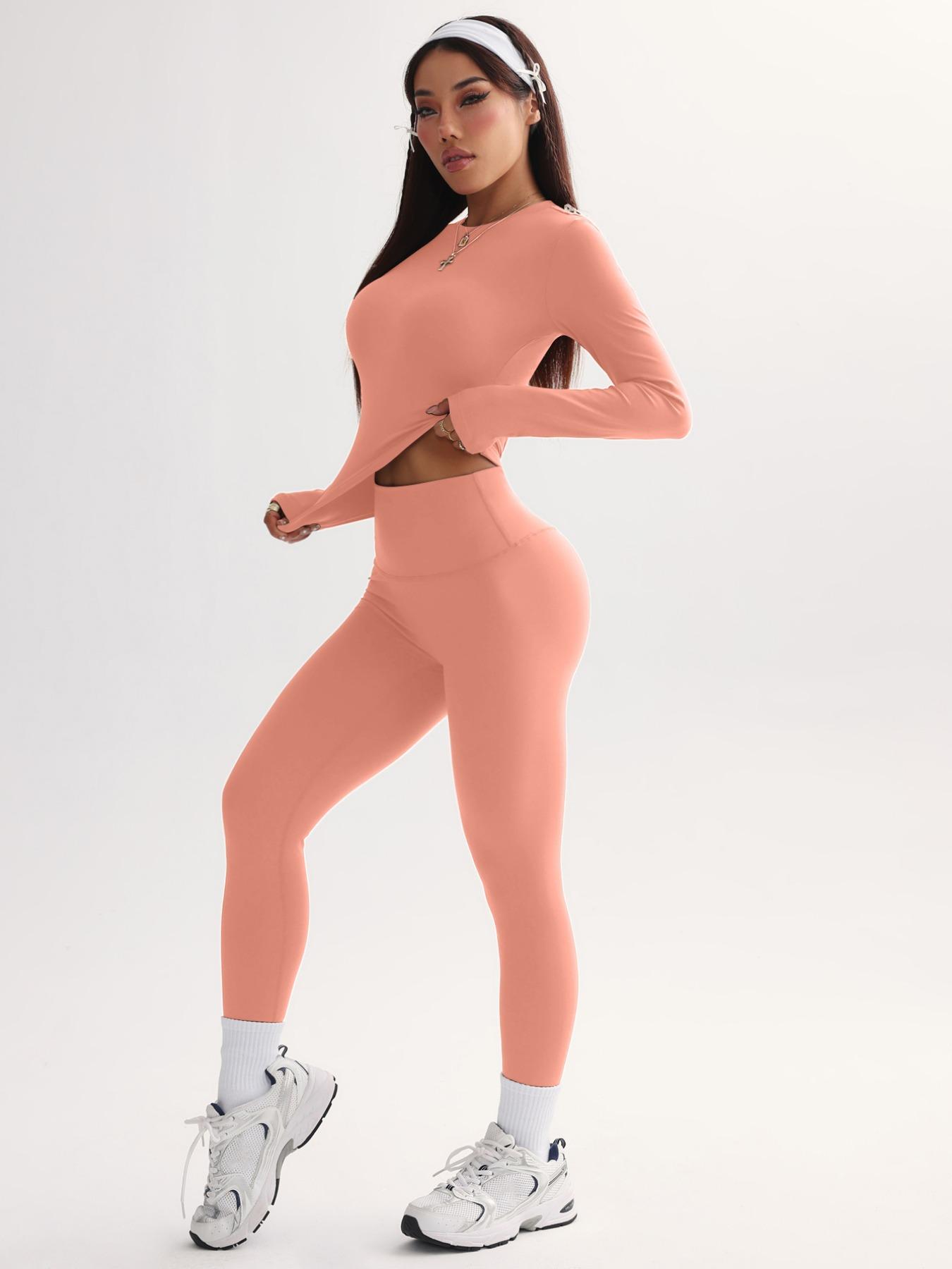 Women's Solid Crew Neck Long Sleeve T-Shirt & High Waist Skinny Pants Set, Comfortable Sportswear for Yoga Fitness Workout, Casual Workout Loungewear, Tight Sports