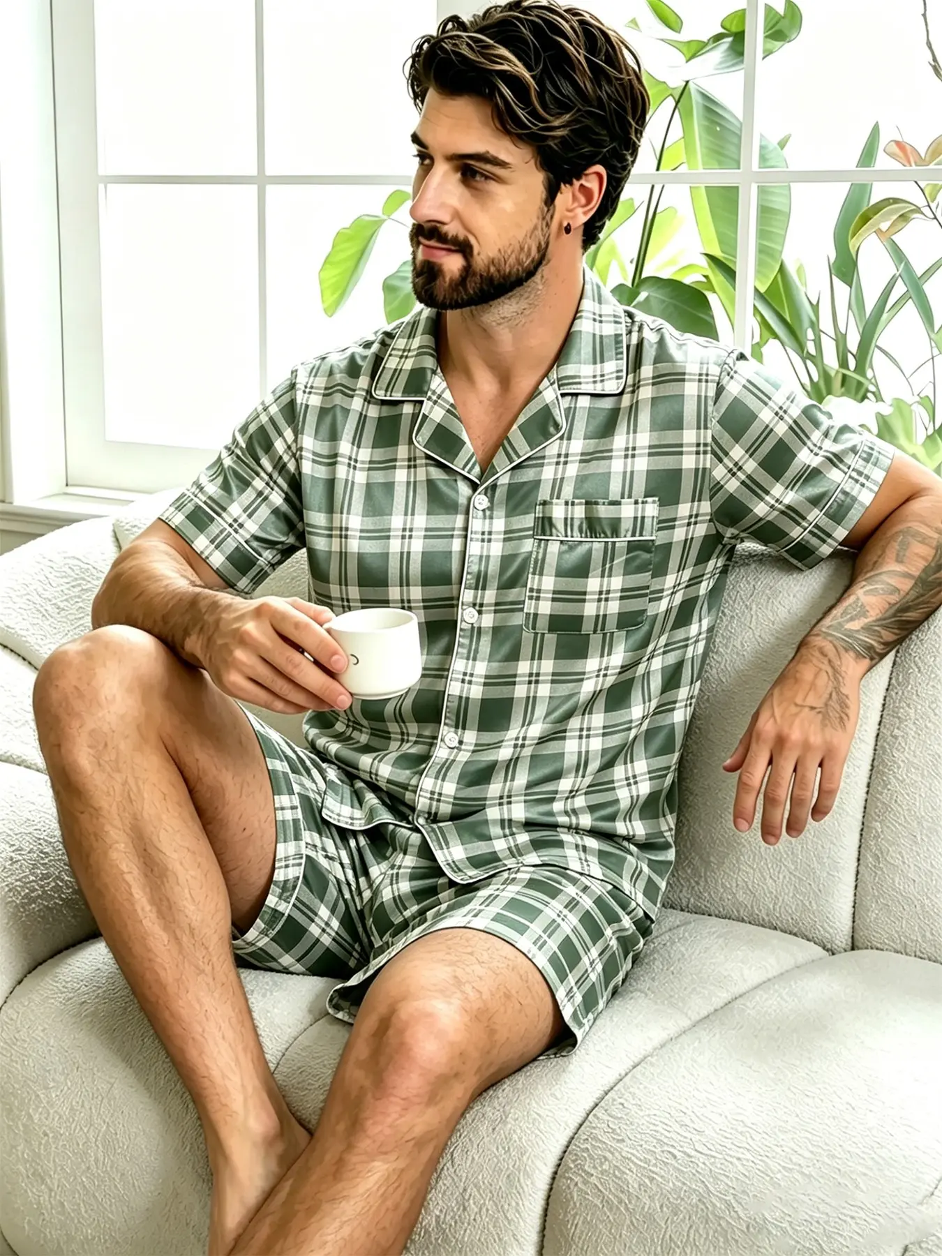 Men's Plaid Print Satin Pajama Set, Collared, Checked, Short Sleeve Shorts Sleepwear, Summer Home Wear, Casual Loose-Fit, All Seasons, Can Be Worn Outdoors, Pyjamas