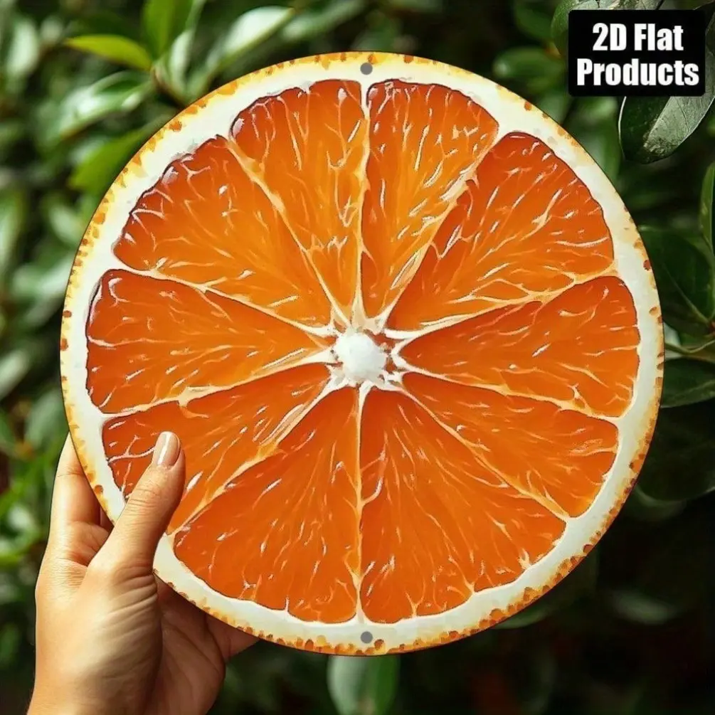 **1pc Vintage Orange Slice Round Aluminum Decorative Plate, 8x8in 2D Flat Wall Art for Home Kitchen Bar Cafe Office, Holiday Gift**