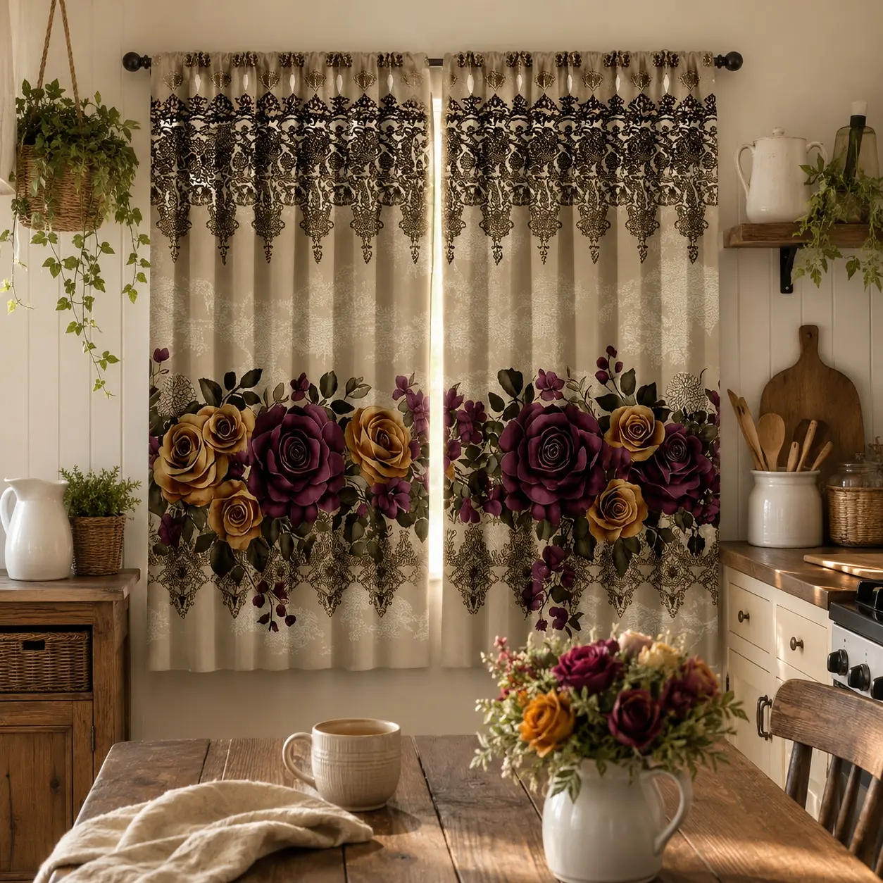 Vintage Purple Rose & Royal Lace 2-Piece Colored Curtains - Shabby Chic Bedroom Textured Drapes, Lace Styles, Luxury Victorian HD Printed Plum & Gold Floral, Durable Dustproof Fade-Resistant Home Textile for Living Room