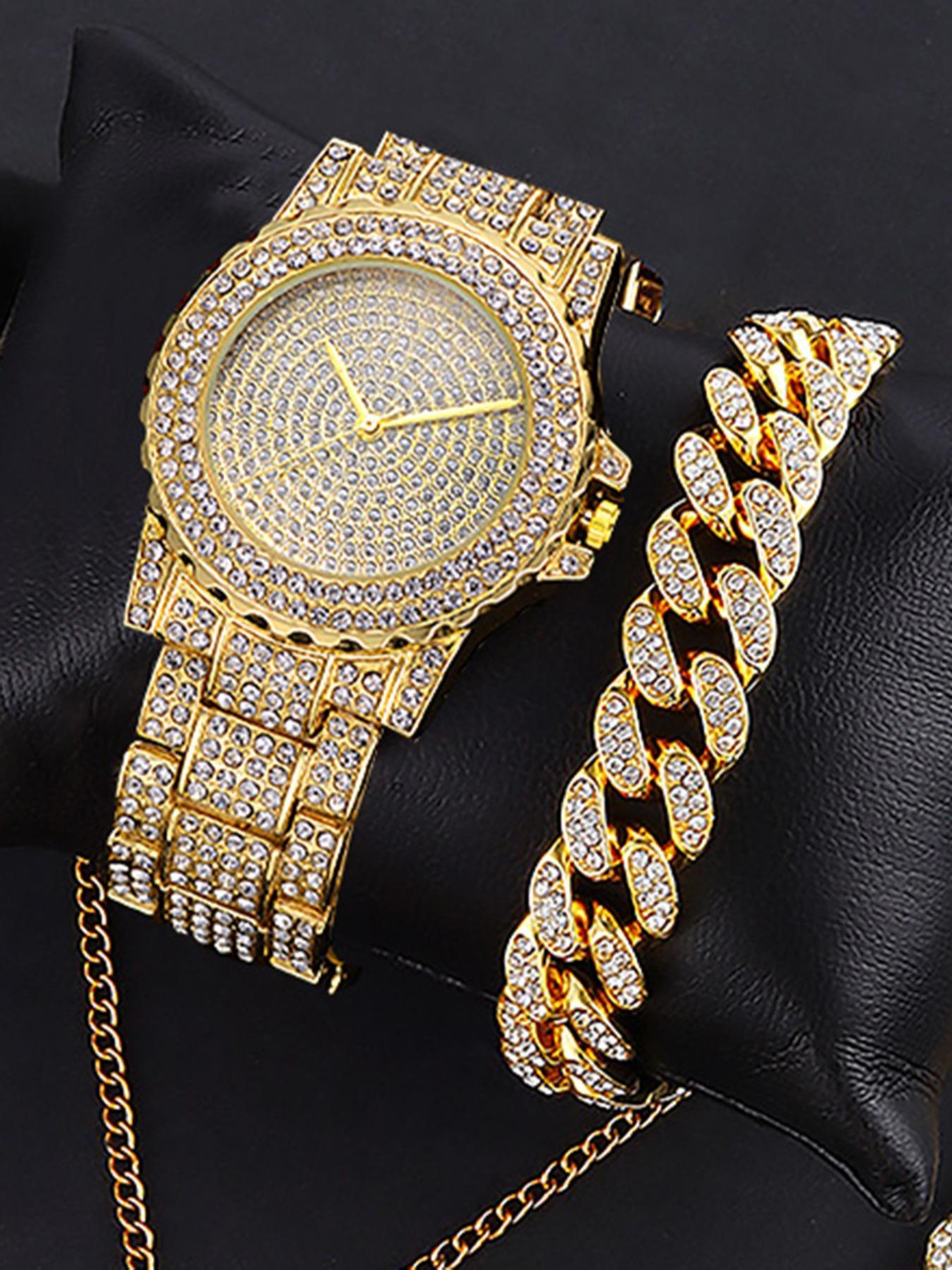 Men's Luxury Rhinestone Decorated Watch & Jewelry Set, Including Round Dial Analog Quartz Watch & Cuban Chain Bracelet & Necklace, Fashion Watch Set for Party, Daily Decor, Exquisite Watch Set for Gift