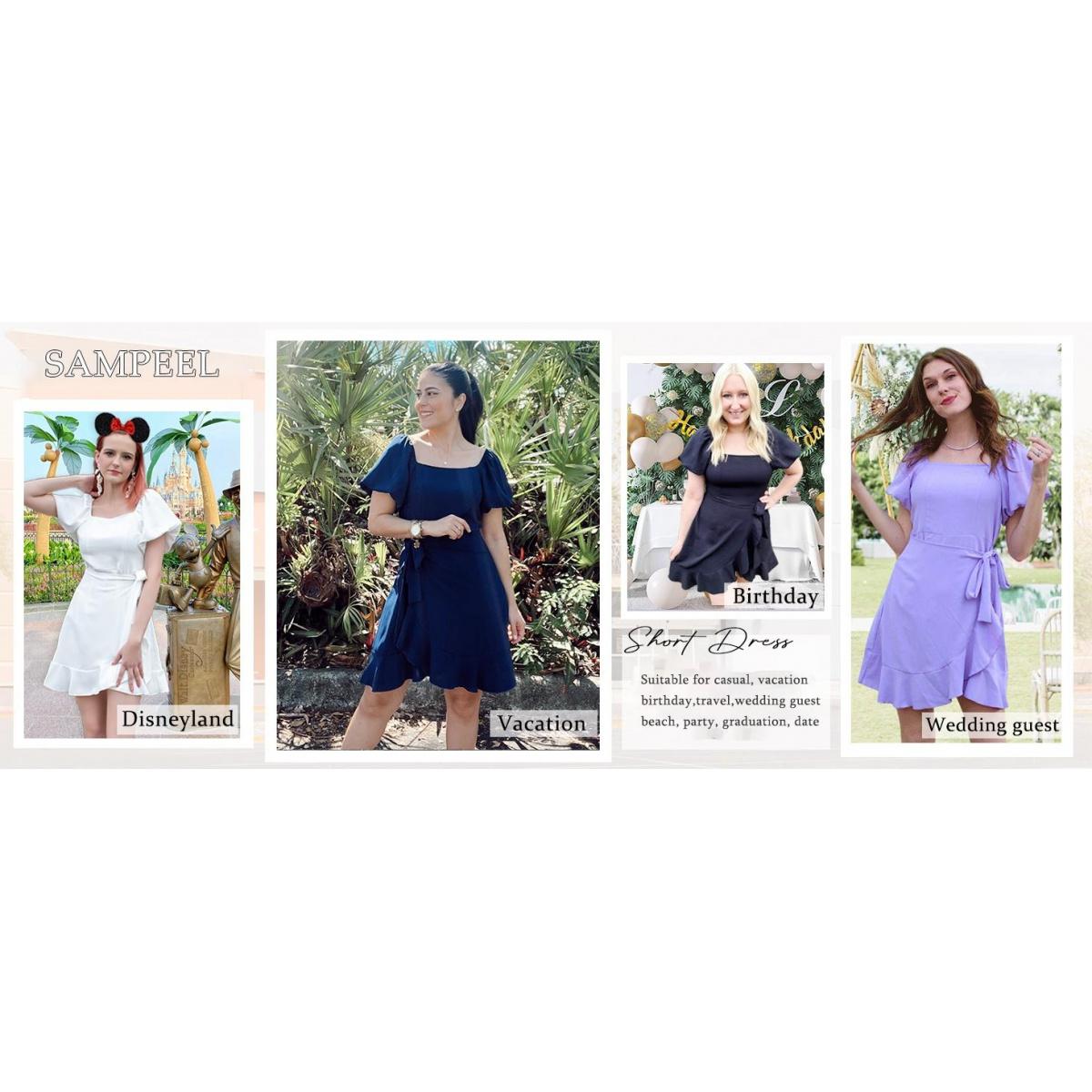 Women's Summer Square Neck Puff Sleeve Tie Short Dress