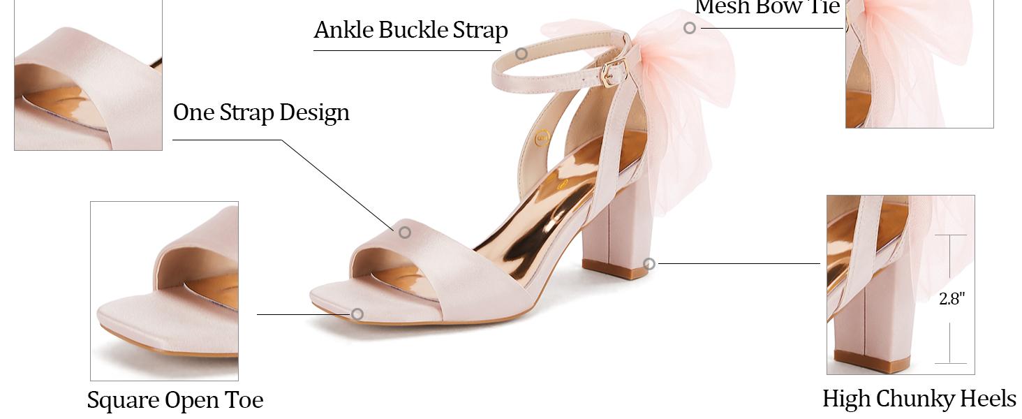 Coutgo Women's Bow Tie Heeled Sandals Chunky Heels One Strap Satin Ankle Buckle Dress Wedding Shoes