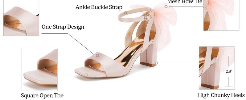 Coutgo Women's Bow Tie Heeled Sandals Chunky Heels One Strap Satin Ankle Buckle Dress Wedding Shoes