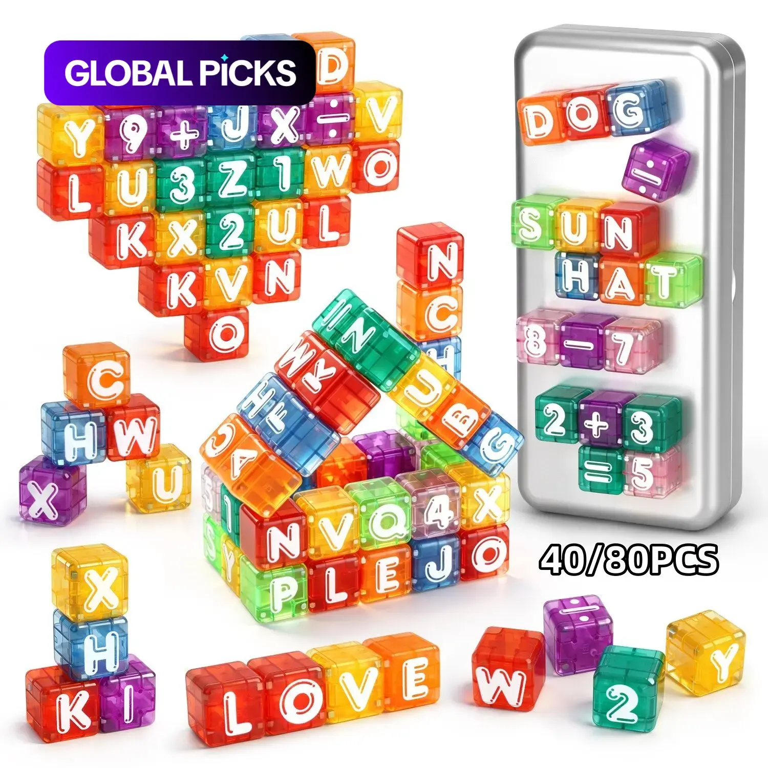 Magnetic Toys 40pcs/80pcs, Stem Learning Toy for Kids 3+, Portable Alphabet Math Set, Montessori Gift for Boys Girls, Random Colors