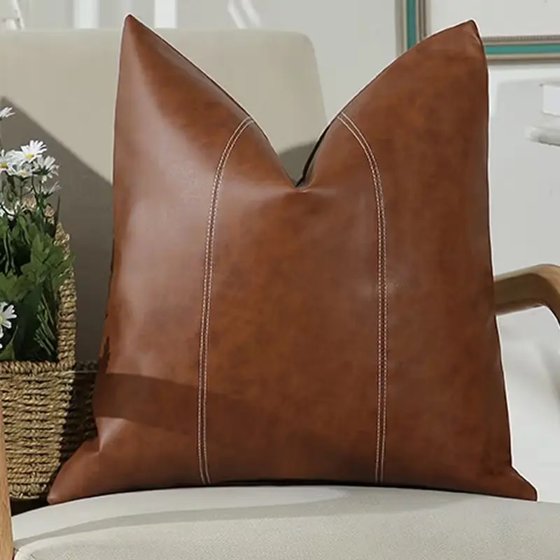 1pc Artificial Leather Vintage Pillow Cover, Thick Bohemian Farmhouse Style Square Cushion for Living Room Bedroom Sofa Bed