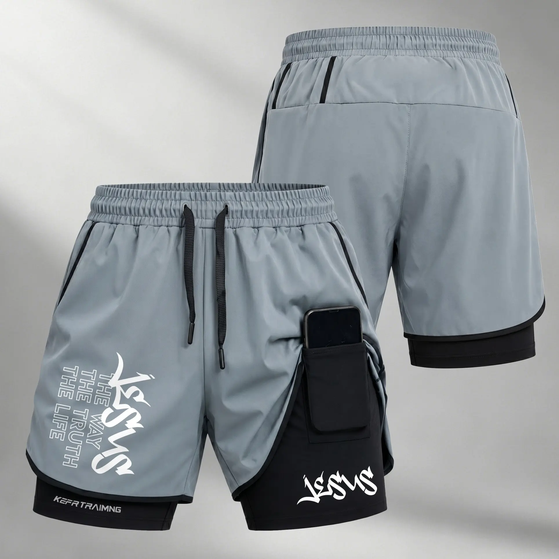 Men's 2-in-1 Athletic Shorts with Jesus Graphic Print, Built-in Compression Liner, Secure Phone Pocket, and Back Towel Loop, Quick-Dry for Gym Running, Jesus Print, Multi Sport, 2 In 1 Men's Sports Shorts, Men’s Shorts