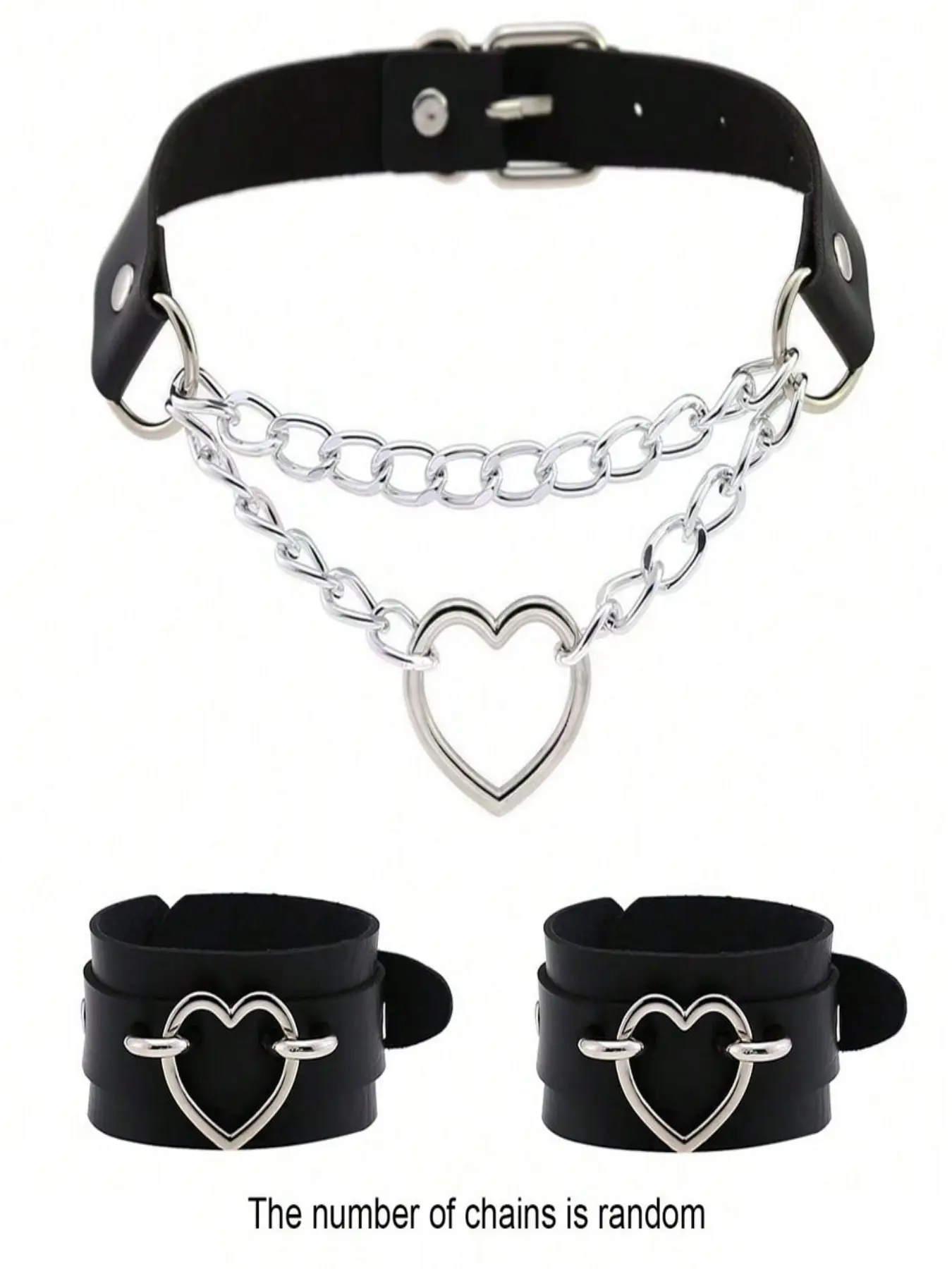 3PCS PU Leather Choker & Wristband Set, Adjustable Buckle Gothic Heart Chain Collar & 2PCS Heart O-Ring Cuffs, Unisex Y2K Punk Alternative Jewelry, Fashionable Jewelry Accessories for Cosplay, Party & Daily Outfit, Bracelet Necklace Set