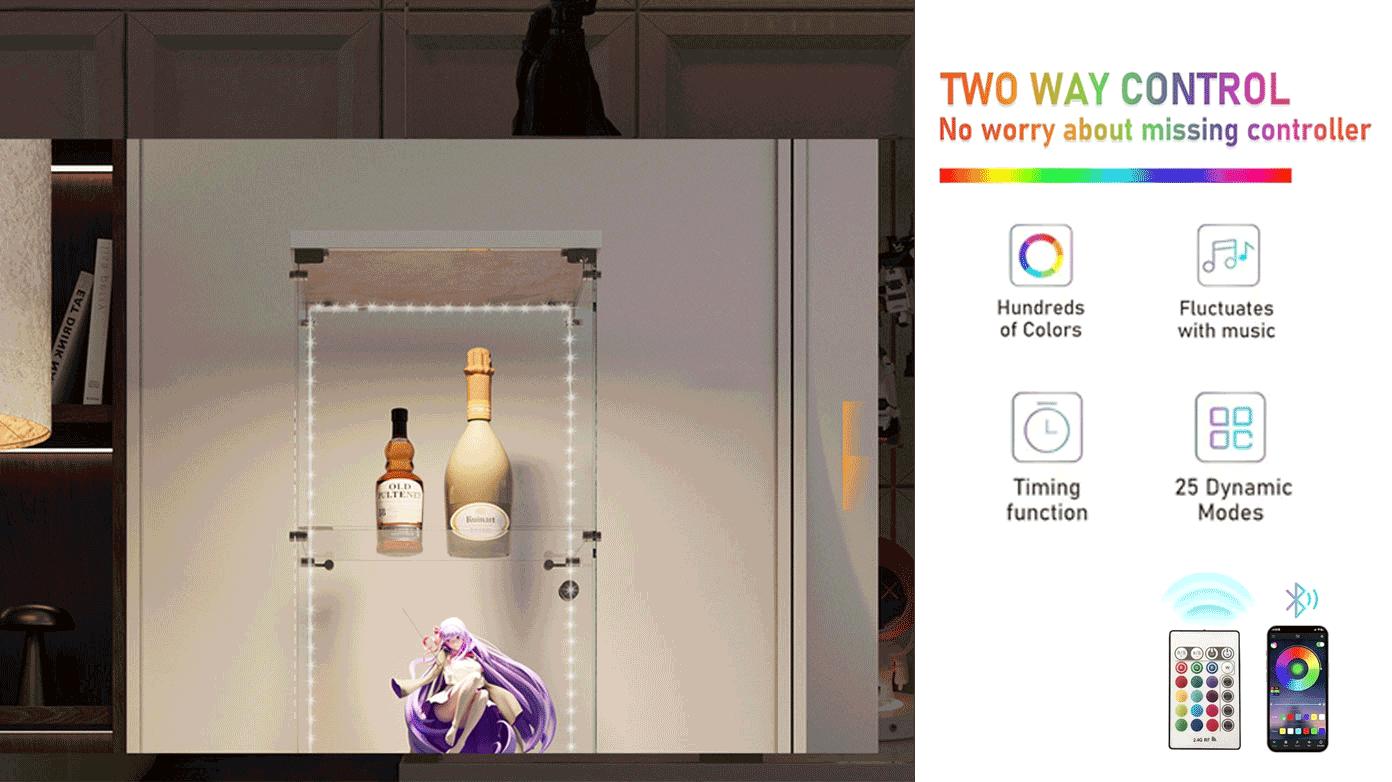 Bellemave Tempered Glass Display Cabinet with Bluetooth LED Light Strip Lockable Door on Casters for Living Room Bedroom Hallway Office White