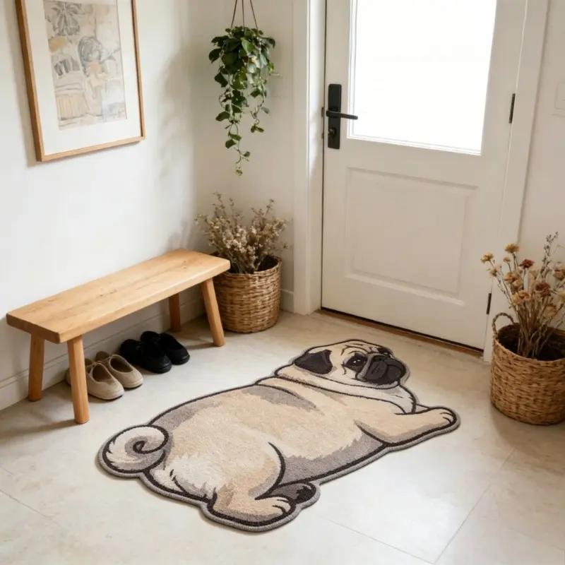 Pug dog entrance door special-shaped floor mat pug shape bathroom door non-slip carpet cute cartoon bedroom decoration carpet home decoration living room carpet washable bathtub area carpet ins style entrance carpet Cartoon Pattern Rug