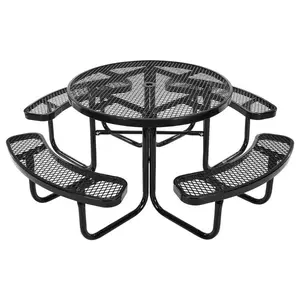 VEVORHeavy - Duty PicnicTable, OutdoorFurniture WeatherResistantPatioDiningSet, CoatedSteelTableswithUmbrellaHole, 46 RoundTableandBenchSet, forGarden, Backyard, Porch(Black)