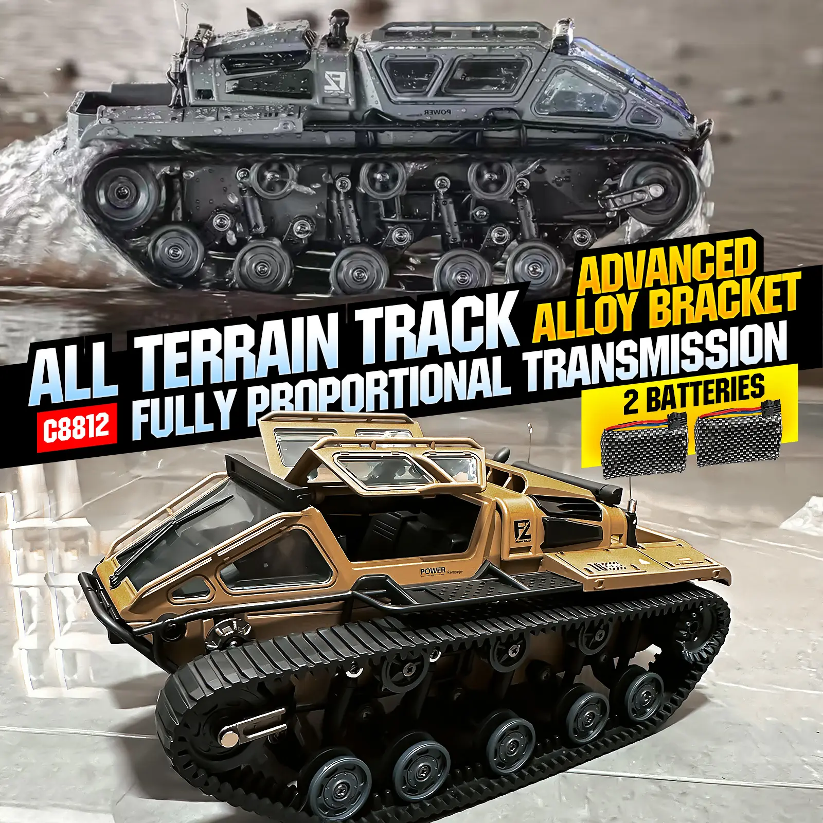 All terrain tracked armored off-road vehicle with dual battery configuration, remote control tank, high horsepower EV3-F4 high-speed adult professional full proportional variable speed drift climbing car, boys and children's toy, birthday gift