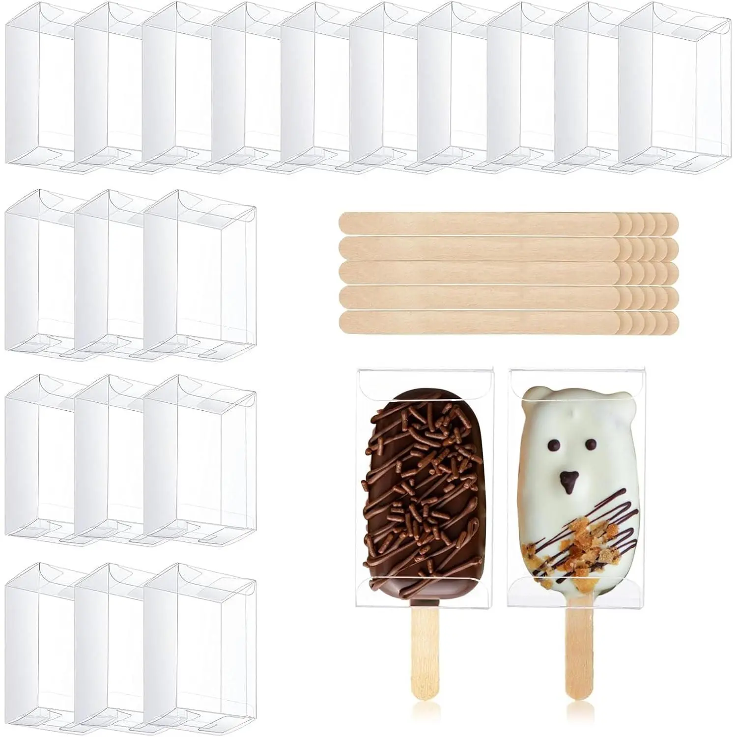 30 Sets Clear Cakesicle Boxes with Wooden Popsicle Sticks for Cake Pops | Cake Pop Box Set With Transparent Dessert Boxes and Sticks for Ice Cream Bars, Candy , Gifts, and Parties