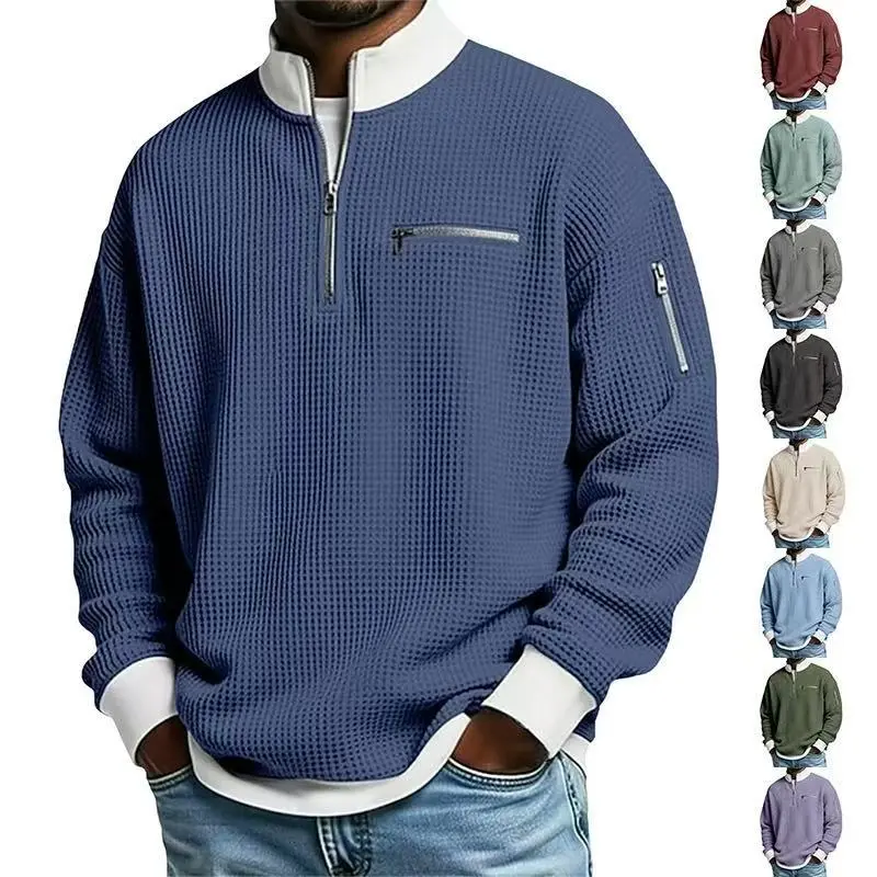 Men’s Spring & Autumn Color Block Half Zip Stand Collar Top, Waffle Textured Fabric, Zipper Chest Pocket & Sleeve Zipper Detail, Fake Two-piece Ribbed Hem, Loose Casual Fit, Breathable Skin-friendly Fabric, Suitable For Daily Commuting & Leisure Outings