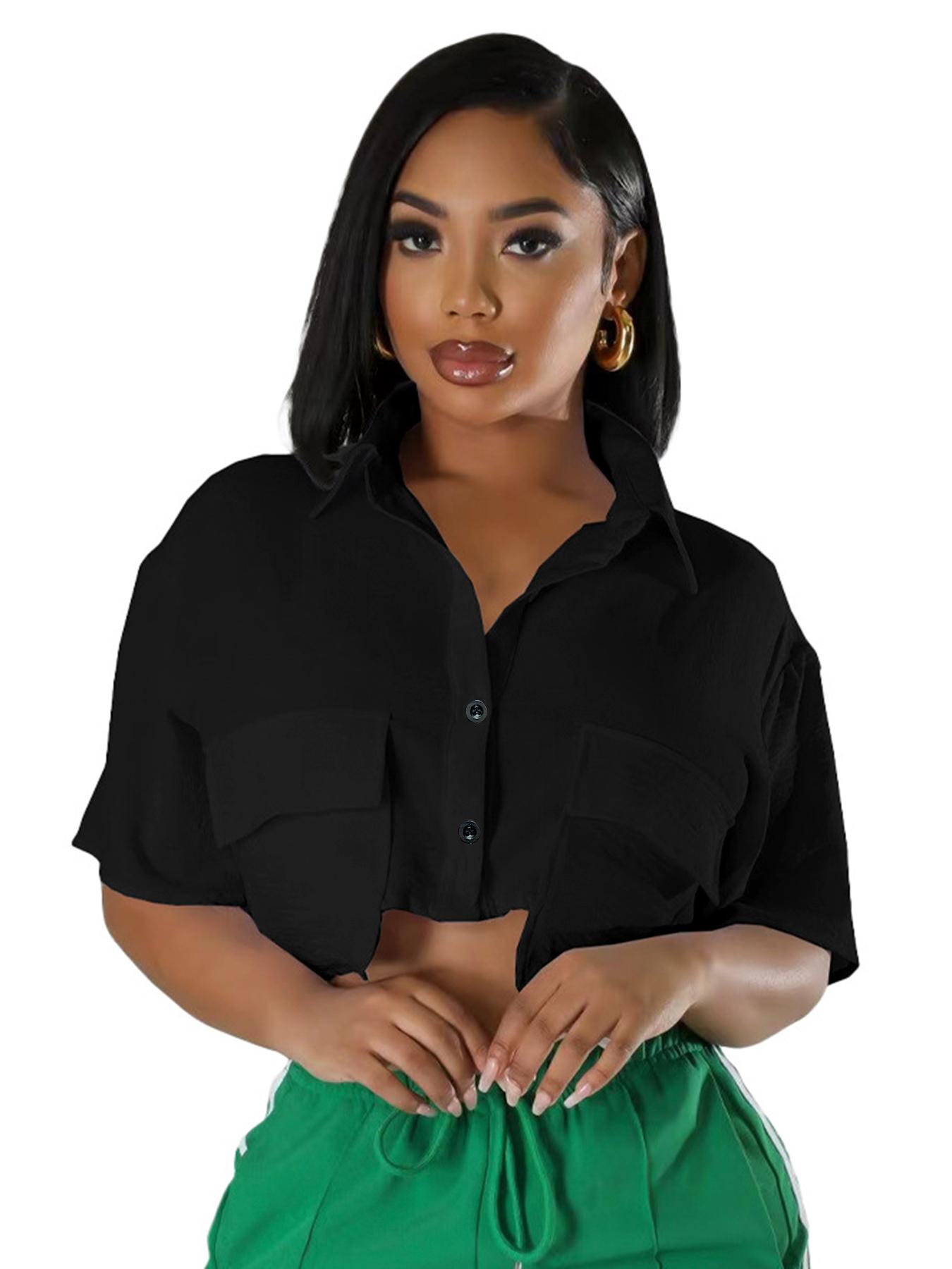 Women's Plain Flap Pocket Button Front Crop Shirt, Casual Fashion Shirt, Casual Short Sleeve Collared Top for Daily Wear, Ladies Clothes for All Seasons