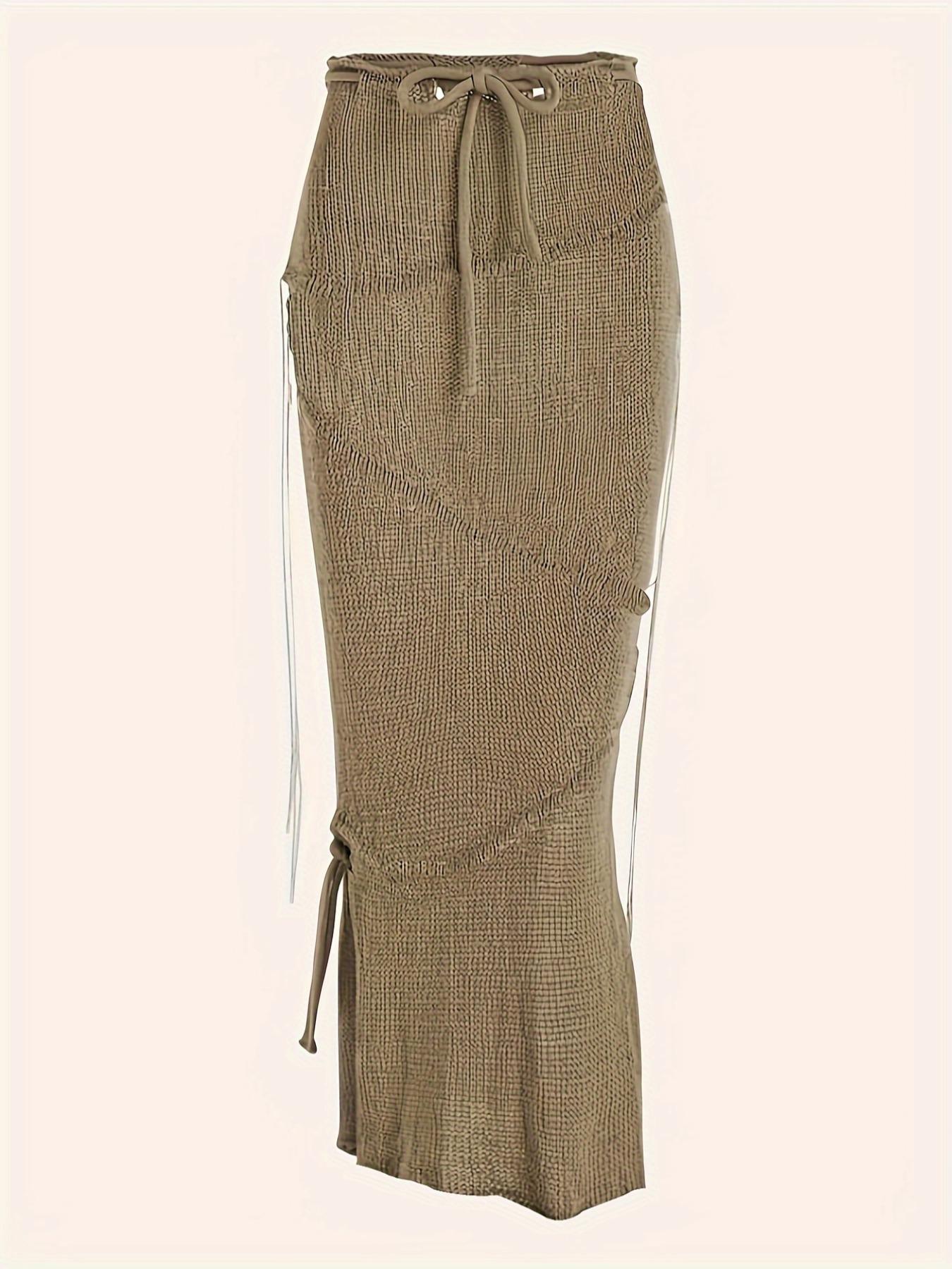 Solid Drawstring Split Side Tassel Sweater Skirt, Elegant Fashion Casual Tie Side Pencil Skirt for Daily Outdoor Wear, Women Knitwear for Spring Fall, Boho Skirt