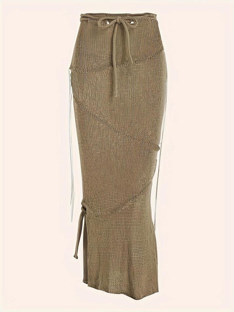 Solid Drawstring Split Side Tassel Sweater Skirt, Elegant Fashion Casual Tie Side Pencil Skirt for Daily Outdoor Wear, Women Knitwear for Spring Fall, Boho Skirt