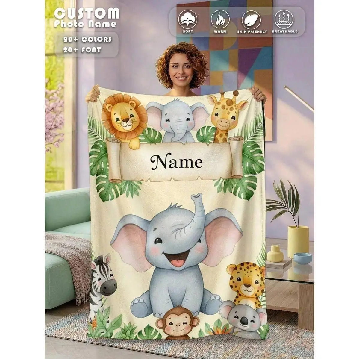 Customized Jungle Animal Flannel Throw Blanket - Personalized Name, Flannel Texture, Jungle Animals Design for Baby Nurseries Decor, Shower Gifts (Lion, Elephant, Giraffe Fleece Bedding)