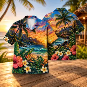 Menswear Short-Sleeve Button-Down Hawaiian Top, Sunny Tropical Prints (Palm Tree, Ocean Wave, Hibiscus Floral), Camp Collar Vacation Resort Shirt for Men, Casual Summer Cruise Luau Beachwear, xwy29