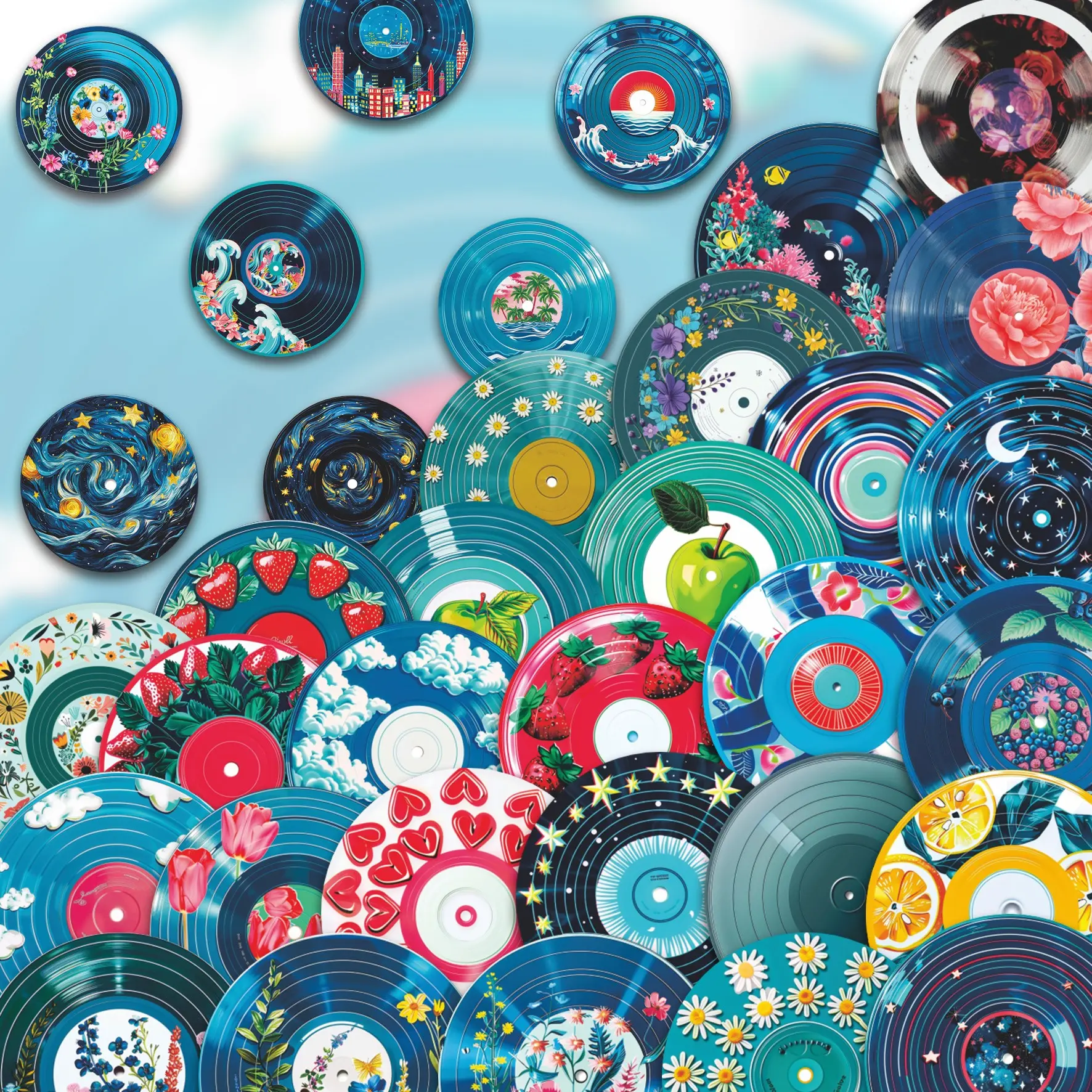 50 Pcs Colorful Vinyl Record Vinyl Stickers Pack | Illustration Stickers | Fruit Floral Ocean Starry Sky Disc Pattern Art Decals | For Phone Decoration, Water Bottle, Tablet Decor & Suitcase Decor | For Aesthetic & Hobby Collectors