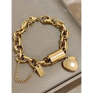Stainless Steel Bracelet for Men & Women, Vintage Casual Street Party Bangle, Heart Pendant, Geometric Pattern, All Seasons Fashion Accessory, Fashion Bracelets, Trendy Jewellery Accessories