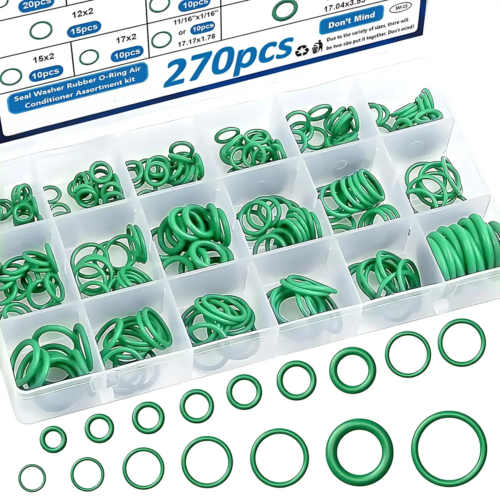 270 Pieces Green AC O-Ring Kit 18-Sizes O Ring Assortment Set, Rubber Air Conditioning O Rings Seal Gasket Washer for Plumbing/Automotive/Machinery, HVAC Repair Tools, Automotive AC Seal Kit, Universal O Ring Set