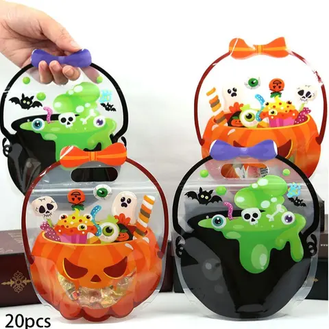 20 Pumpkin Candy Bags with Zipper Seals, Reusable Large Plastic Gift Bags with Handles, Party Favor Bags, Halloween Party Decorations for Trick-Or-Treat