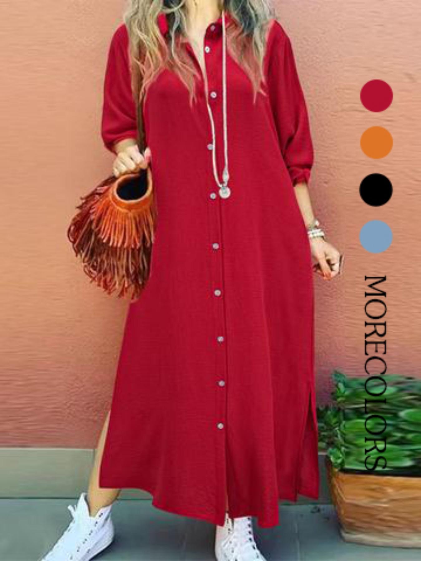 Women's Plain Collared Button Shirt Collar Long Sleeve Dress, Casual Fashion Long Dress for Daily Outdoor Wear, Women Dress for Spring, Womenswear