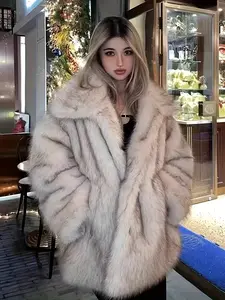 Women's Fox Fur Look Coat, Fall Winter Warm Street Style Mid-Length Jacket, Fuzzy Jacket, Fashionable Ladies' Outerwear for Cold Weather