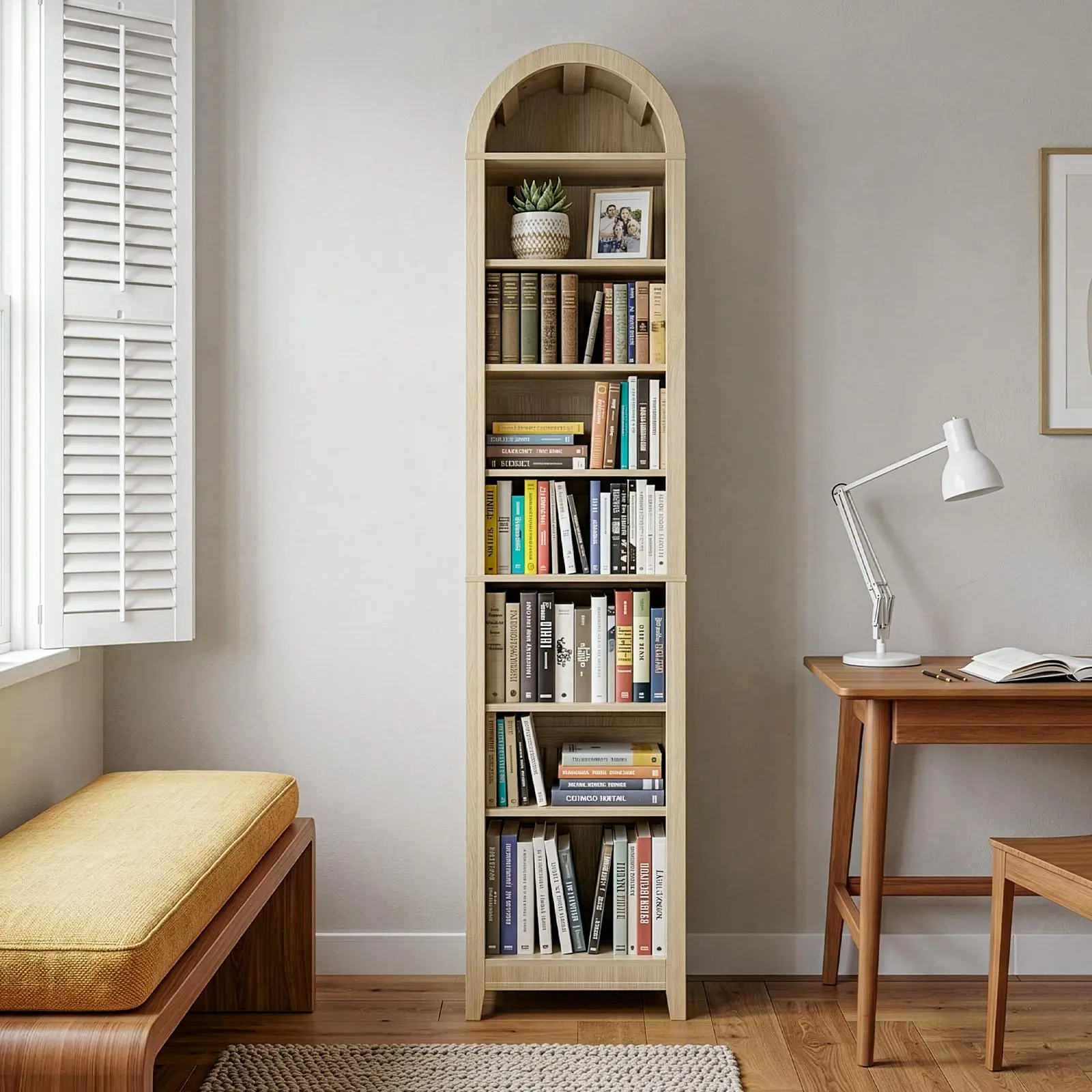 Arched Bookshelf - Oak 8-Tier Classic Arch-Shape Display Shelf, Melamine-Faced Particleboard with Reinforced Frame, Easy Setup, 15.75*11.81*70in Single Unit for Books
