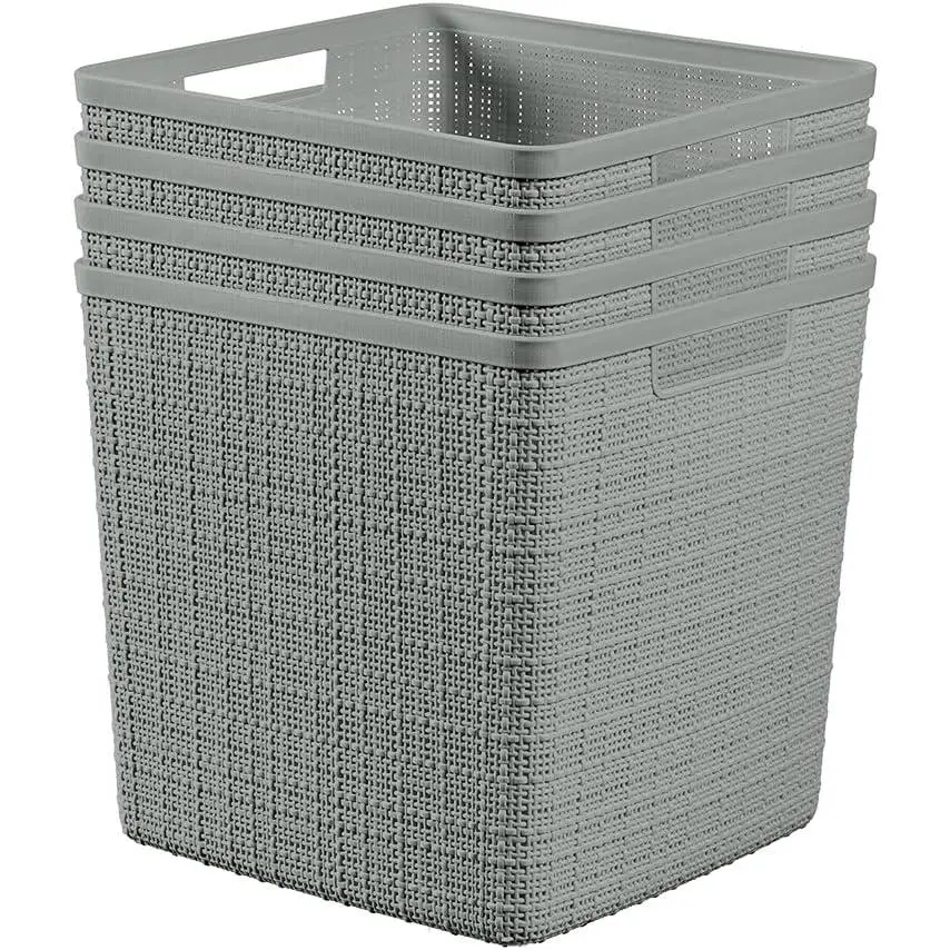 Set of 4 Large Cube 17L Jute Decorative Plastic Organization and Storage Baskets - Perfect Bins for Home Office, Closet Shelves, Kitchen Pantry and All Bedroom Essentials, Grey
