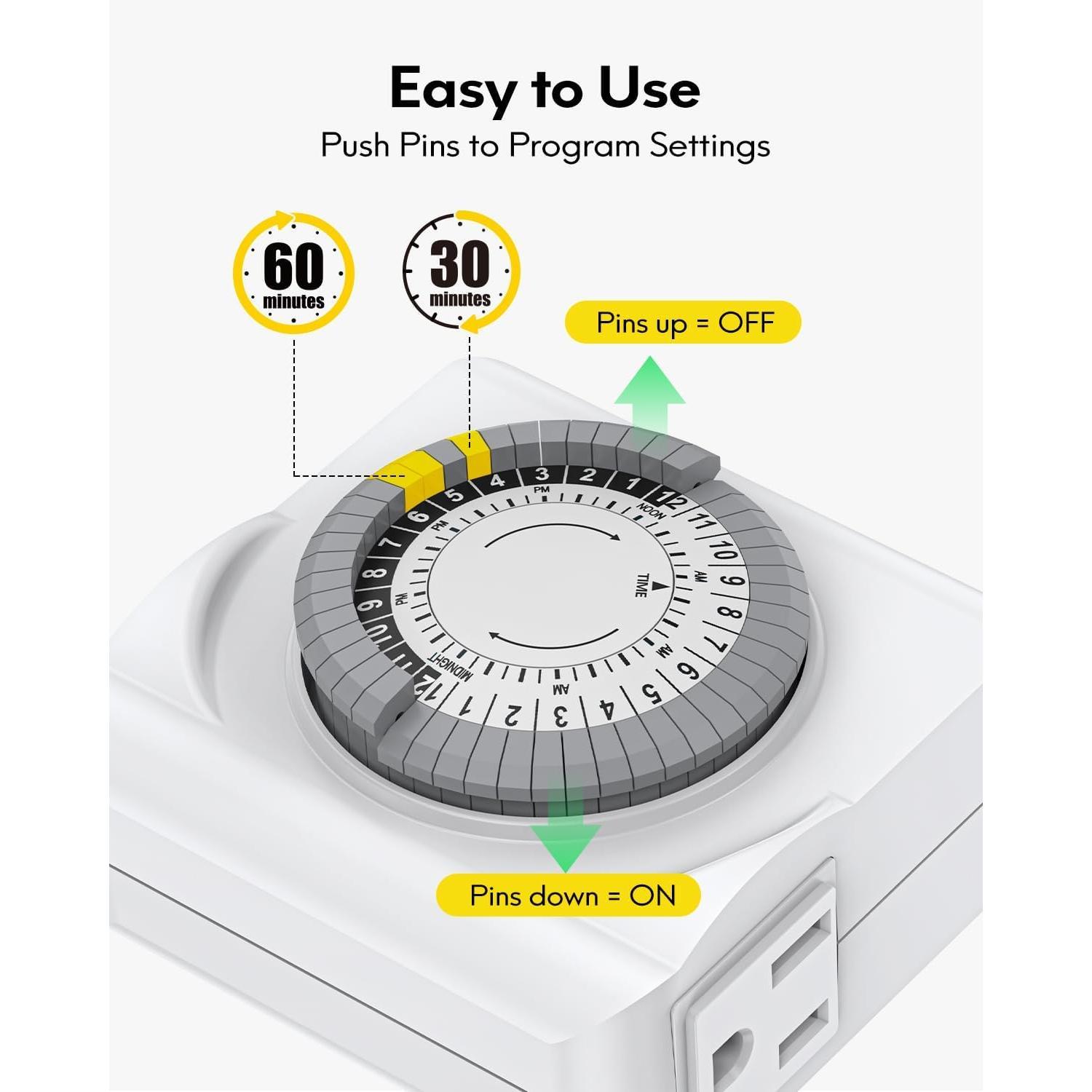 Indoor Mechanical Outlet Timer, 3 Prong Plug in Electrical Timers, Indoor Lights Timer with 2 Grounded Outlets for Aquariums, Grow Lights, ETL Listed