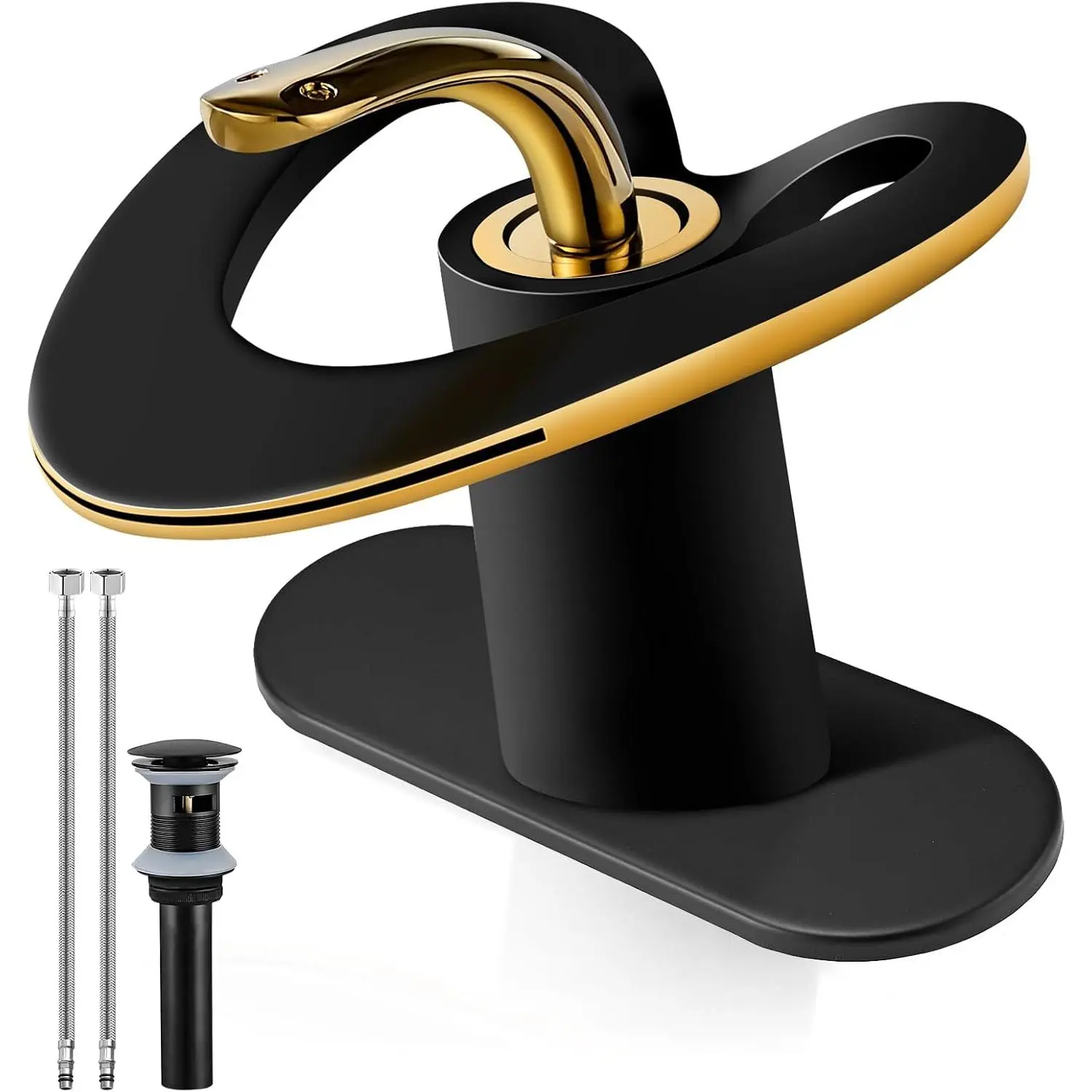 Black  Waterfall Sink Single Hole  1 Handle Brass Modern  Bathroom Faucets, 2 Tone Single Lever Copper Swan Style Vessel Hollow Faucet with Deck Plate for 3 Hole
