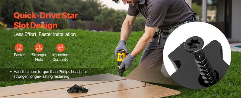 VEVOR 900PCS Hidden Deck Fasteners for Composite Decking Board, Universal Composite T Clips & Plastic Hidden Fasteners with Metal Screws, Polypropylene PP Clips Works with 0.26 inch Gaps, Black