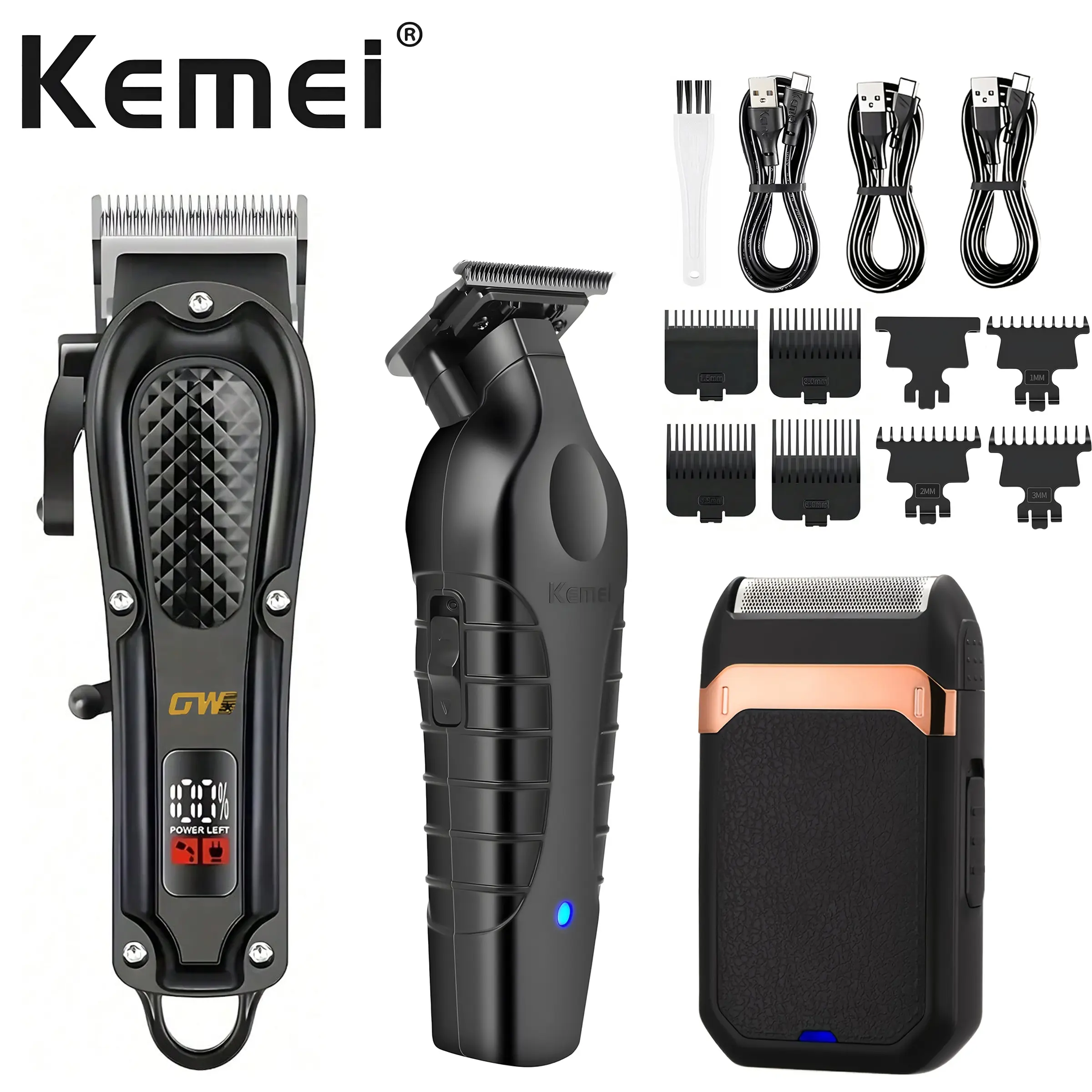 Kemei 2299 Triple Set, Wireless Hair Clipper Set, Cordless Clippers Set, Hair Clippers Set, Clippers For Hair Cutting, USB Rechargeable Clipper, Hair Styling & Trimming Tools, Precision Shaving Kit, Ideal Gift for Personal Care Enthusiasts