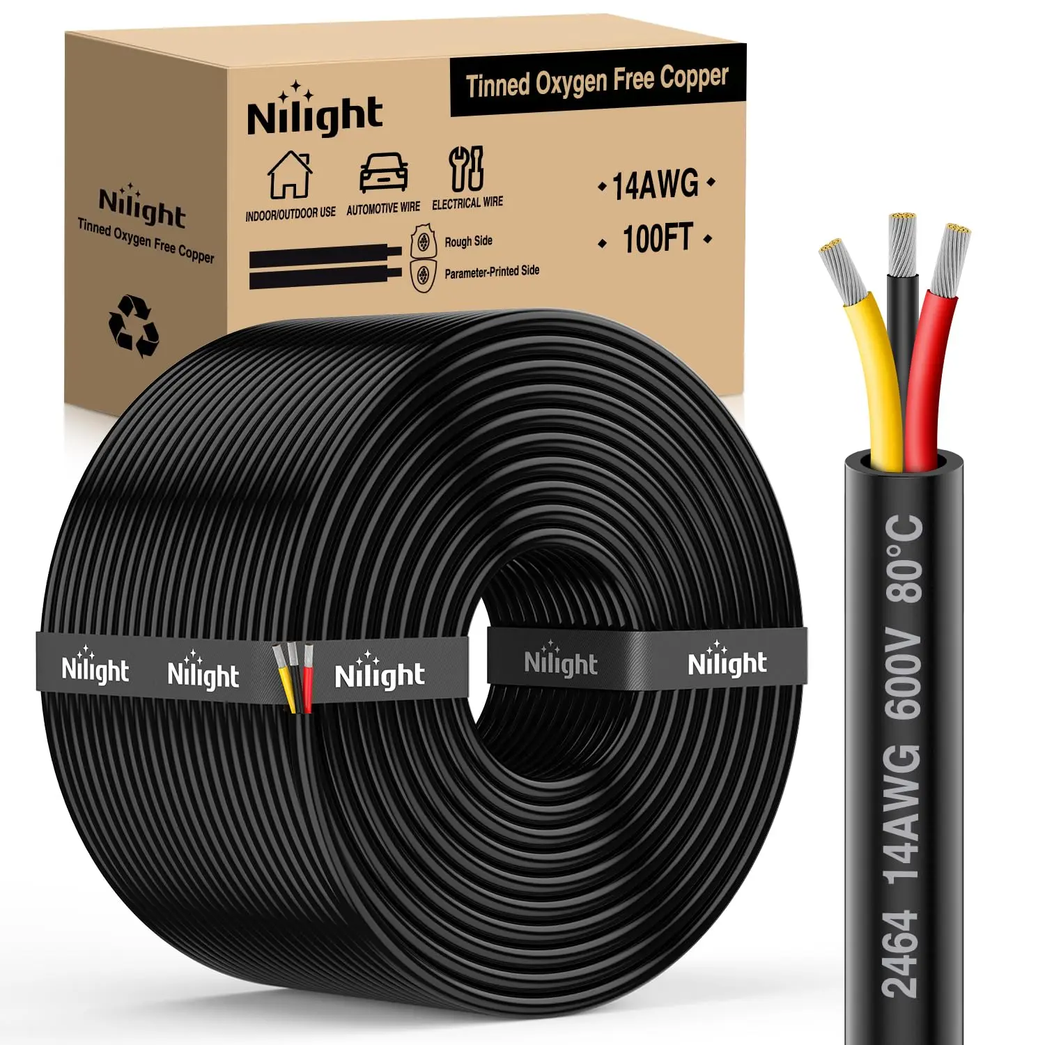 Nilight 100FT 14AWG 3-Conductor Copper Wire Cable, Tinned Oxygen-Free Copper, Red-Black-Yellow Parallel Wires, 600V DC Flexible PVC Case Extension Cord, Water Resistant, Anti-Corrosion, Solder & Heat Shrink Compatible for LED Strips, Lamps, Flexibility, P