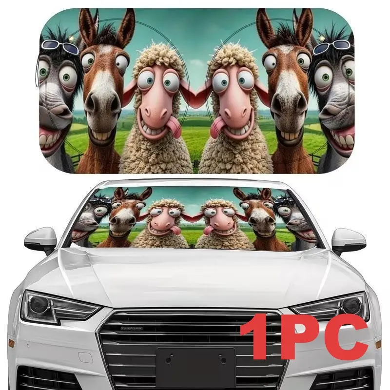 Cute Cartoon Donkey Sheep Car Sunshade, Sunshade For Car Windshield, Front Window Sun Shade For Car, Foldable UV Protection, Farm Animal Pattern, Universal Fit for Cars Suv Trucks, Fun Gift for Animal Lovers
