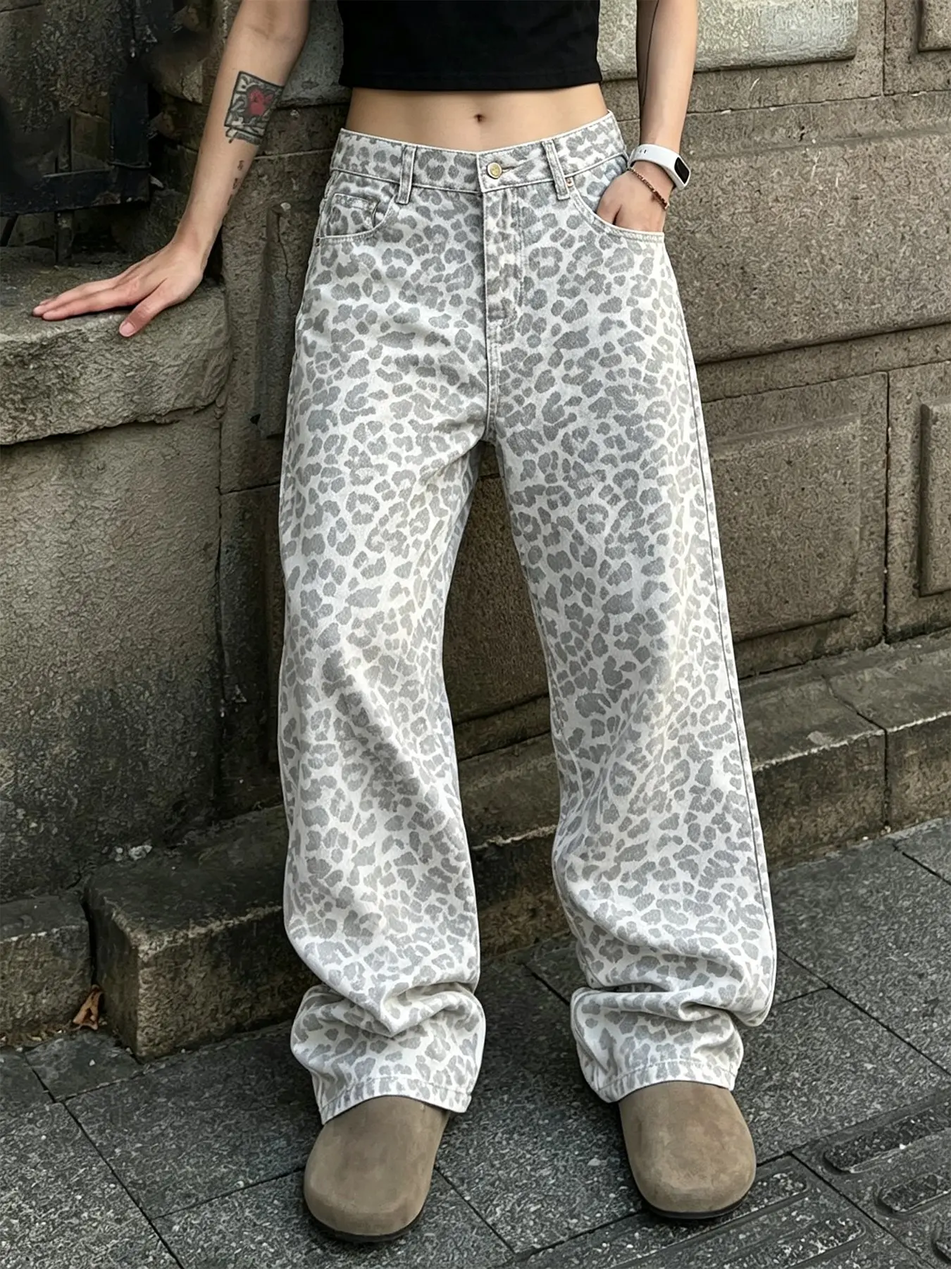 Hidenim Unisex Leopard Print Wide Leg Jeans, Vintage Light Full Print, Loose Fit Straight Leg Long Pants, American Y2K High Street Style