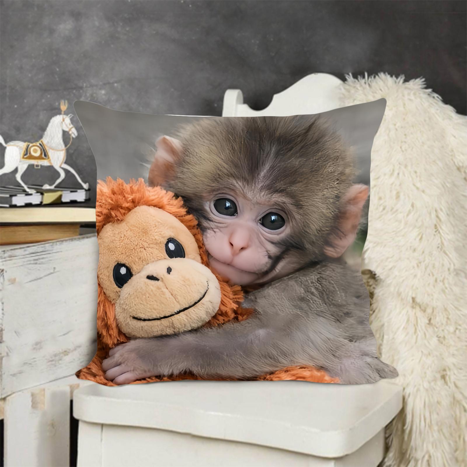 Punch Monkey pattern Throw Pillowcase,Emotional Support Animal Lover Gift,Baby Monkey Hugging Plush Monkey Cover Throw Pillow Single-sided printing Linen Material ,no pillow insert,Bedroom Sofa Decorations.