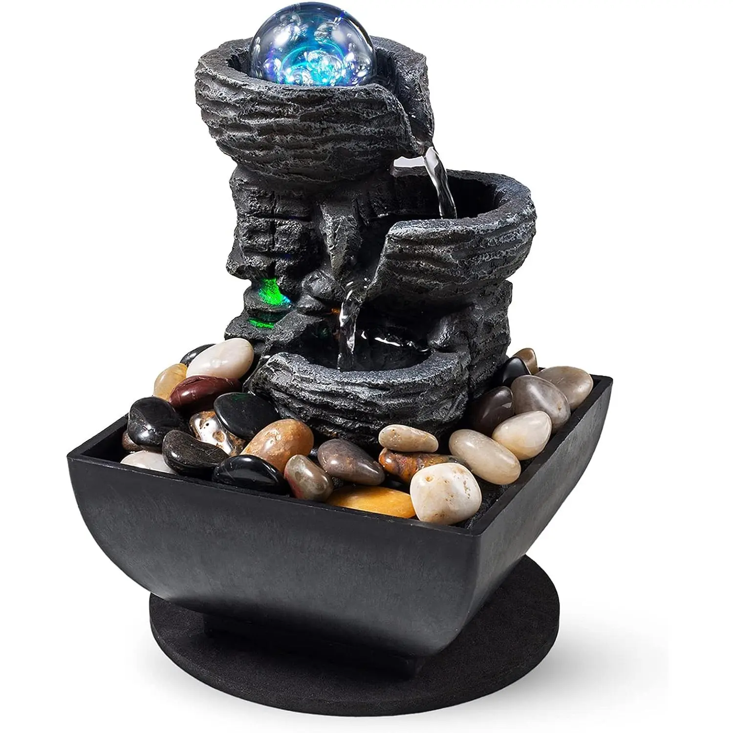 Tabletop Fountain Indoor Waterfall Meditation Fountain Like Layers of Rock Desktop Water Feature Includes Many  River Rock LED Lights Rolling Decorative Bubble Balls