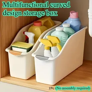 2pc Multi-functional Curved Design Storage Box, Fashionable White Plastic Storage Container, Heavy-Duty Kitchen Storage Basket, White Space-Saving Organizer for Under Sink, Pantry, and Cabinet Organization - Suitable for Cleaning Supplies, Household