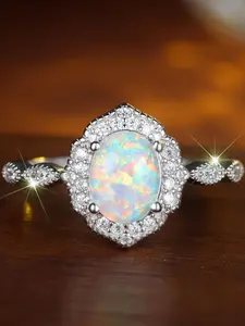 Flower Design Imitation Opal Rings for Women Elegant Stackable Band, Perfect Bridesmaid Wedding Gift for Birthdays & Anniversaries（with box）