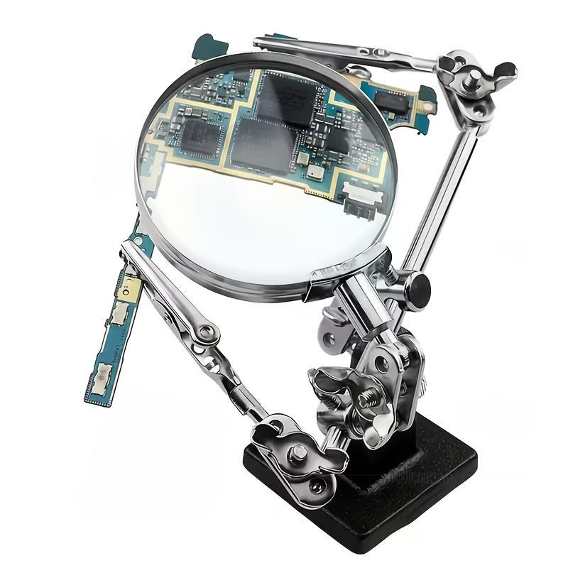 Professional Electronic Inspection And Repair Station Featuring a Built-In Lighted Magnifying Glass. Includes a Heavy-Duty Adjustable Folding Stand And Ergonomic Base, Powered by Low-Voltage Batteries. Ideal for Electronics Repair, Watchmaking