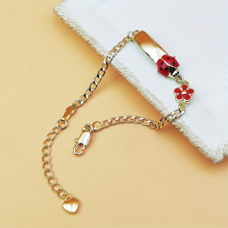 New Arrival - Cute Ladybug & Floral Girl Bracelet | Golden-Tone Copper with Red & Pink Flowers, 18K Golden Plated | Versatile Casual Attire & Holiday Gift for Valentine's Day, Thanksgiving, Graduation, Cute Bracelets